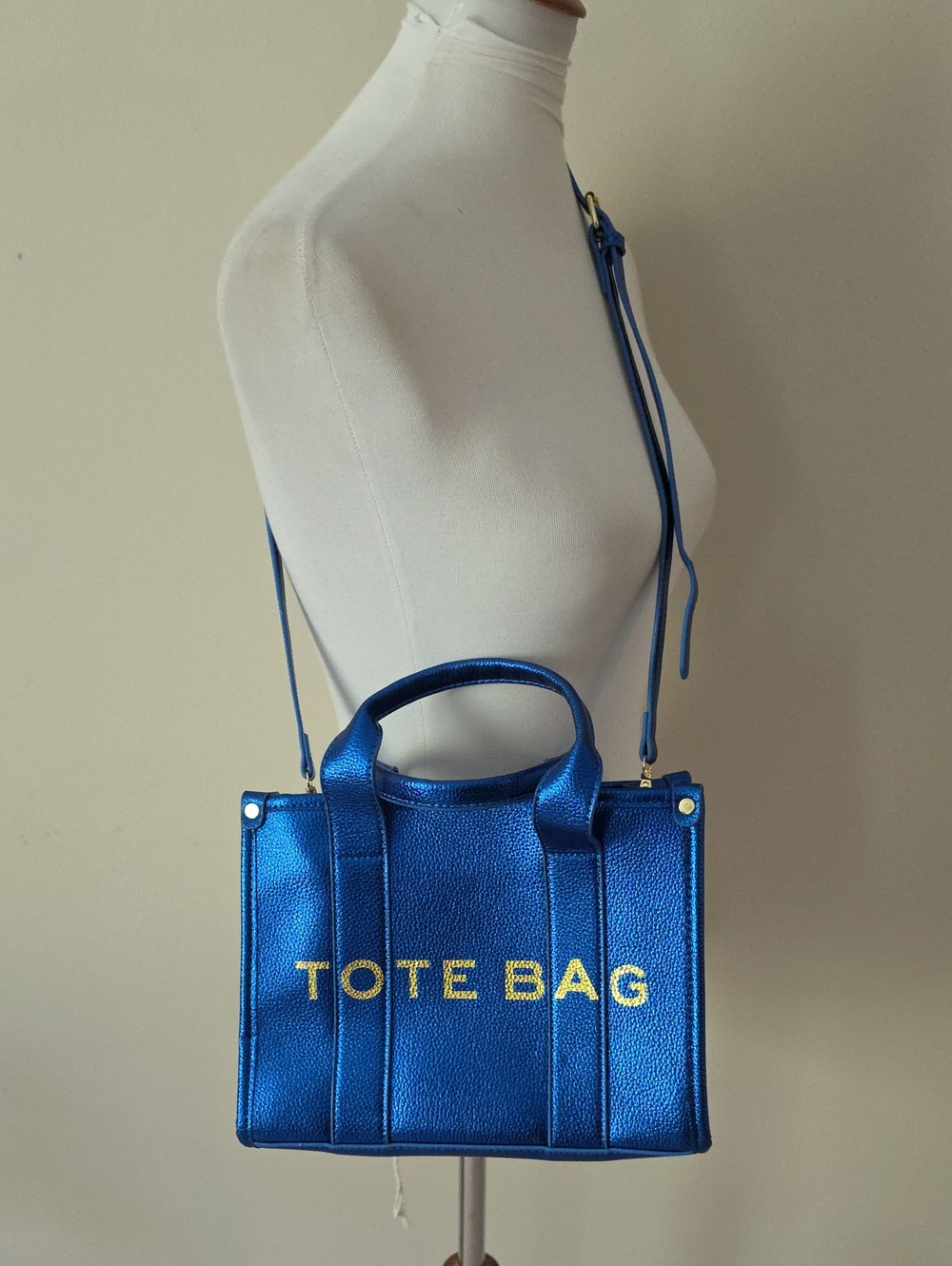 Massmode Metallic Blue Tote Bag with Gold Text - Women's Crossbody  & Hand Carry